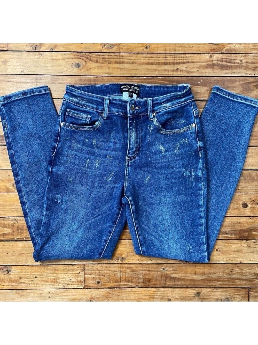 FRANK Lyman blue jeans high rise waist stretchy gold powder size 4-6 distressed